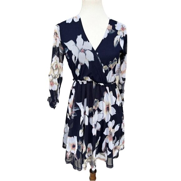Lush Womens Navy Cream Floral Mesh Surplice Mini Dress Size S - Picture 11 of 12